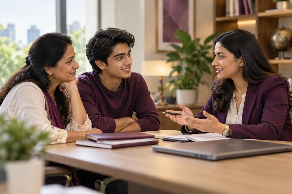 Illustrative scene of a student and parent discussing study options with an advisor